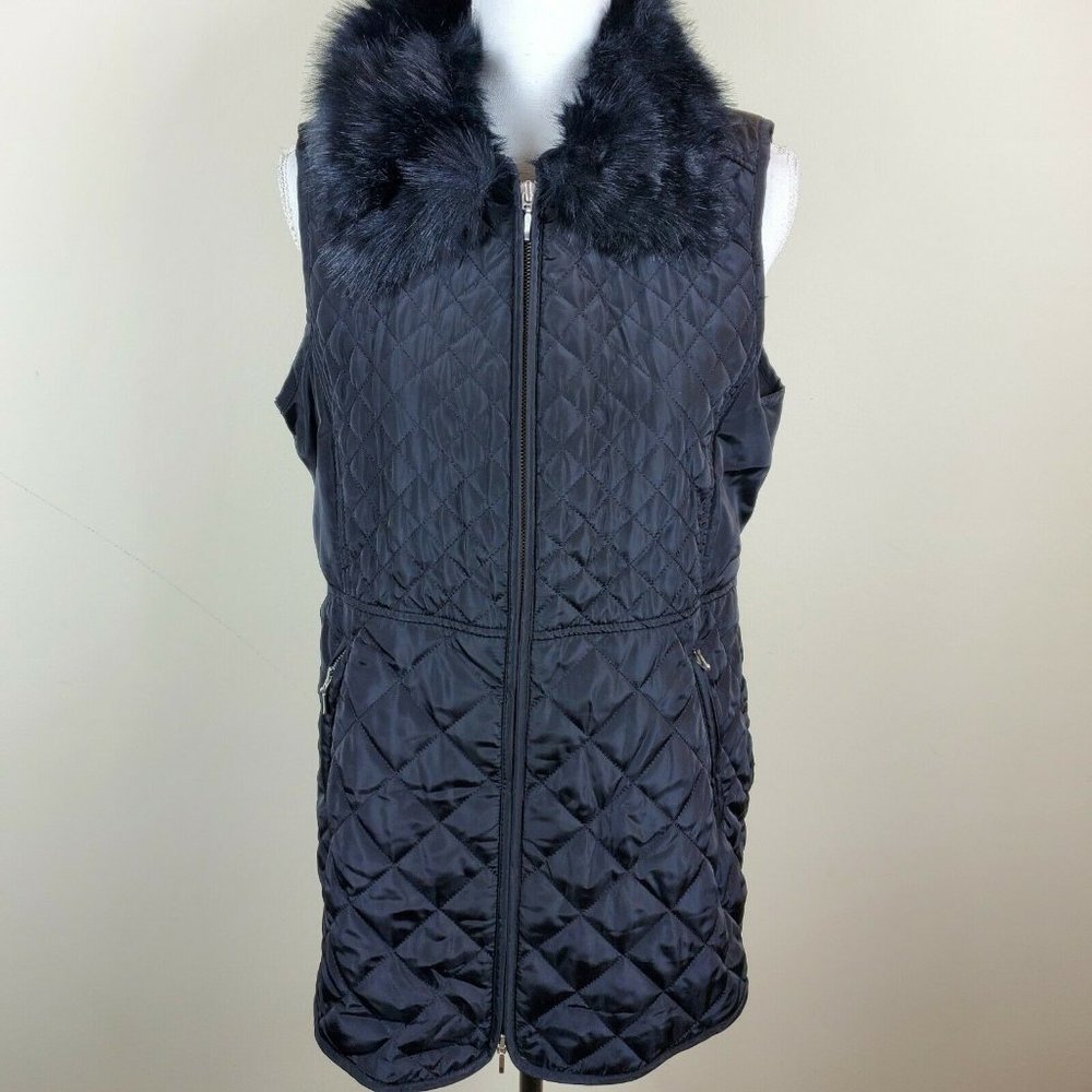 CHICO'S Black Quilted Vest With Removable Faux Fur Collar Women's Size M 8